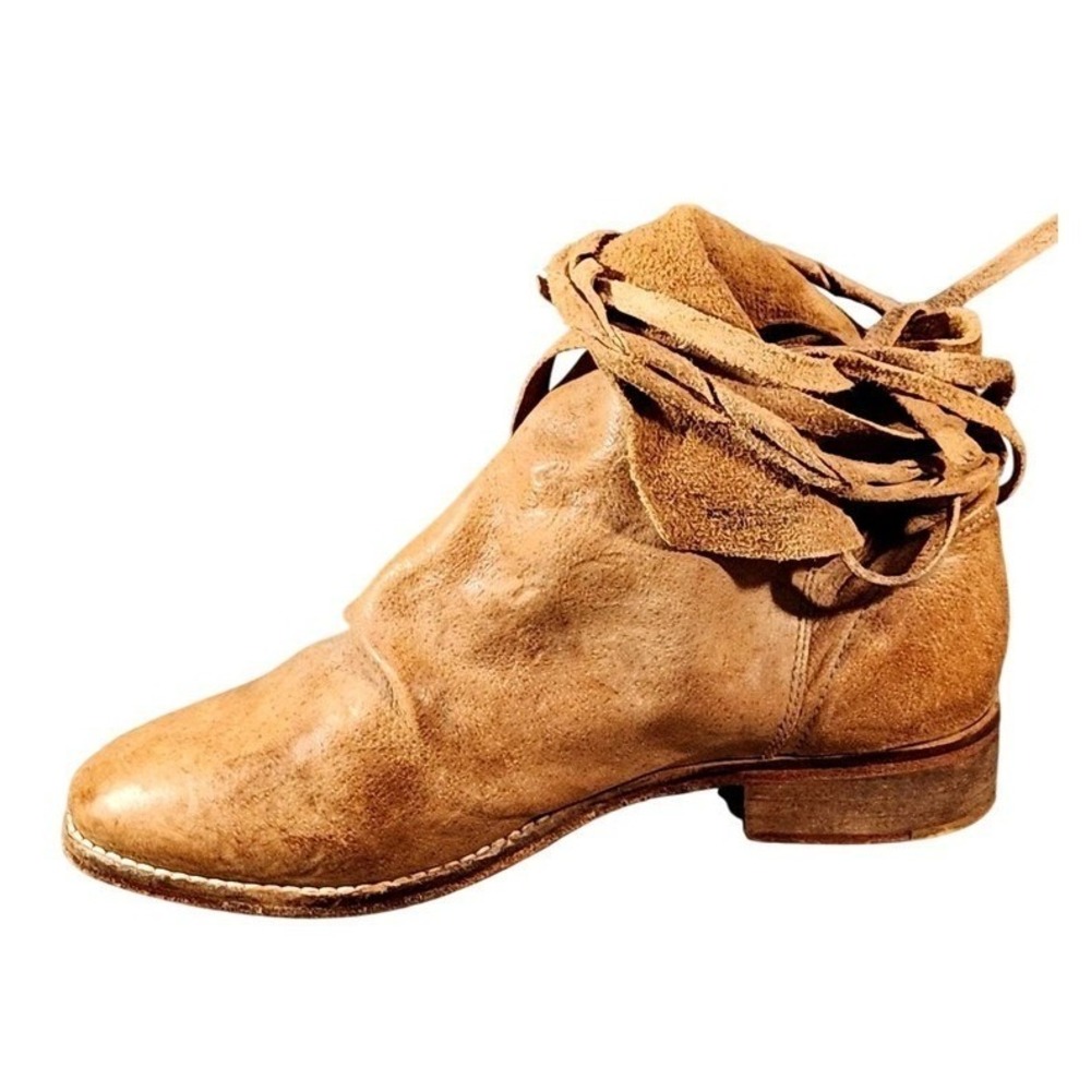 Free People Boots Womens Size 7.5 Brown Leather Wrap Ankle Booties Low Heel
